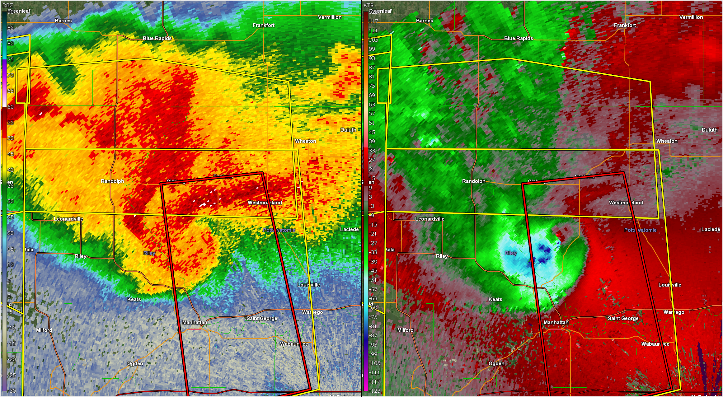 Radar at 7:11 with the tornado southeast of Olsburg.