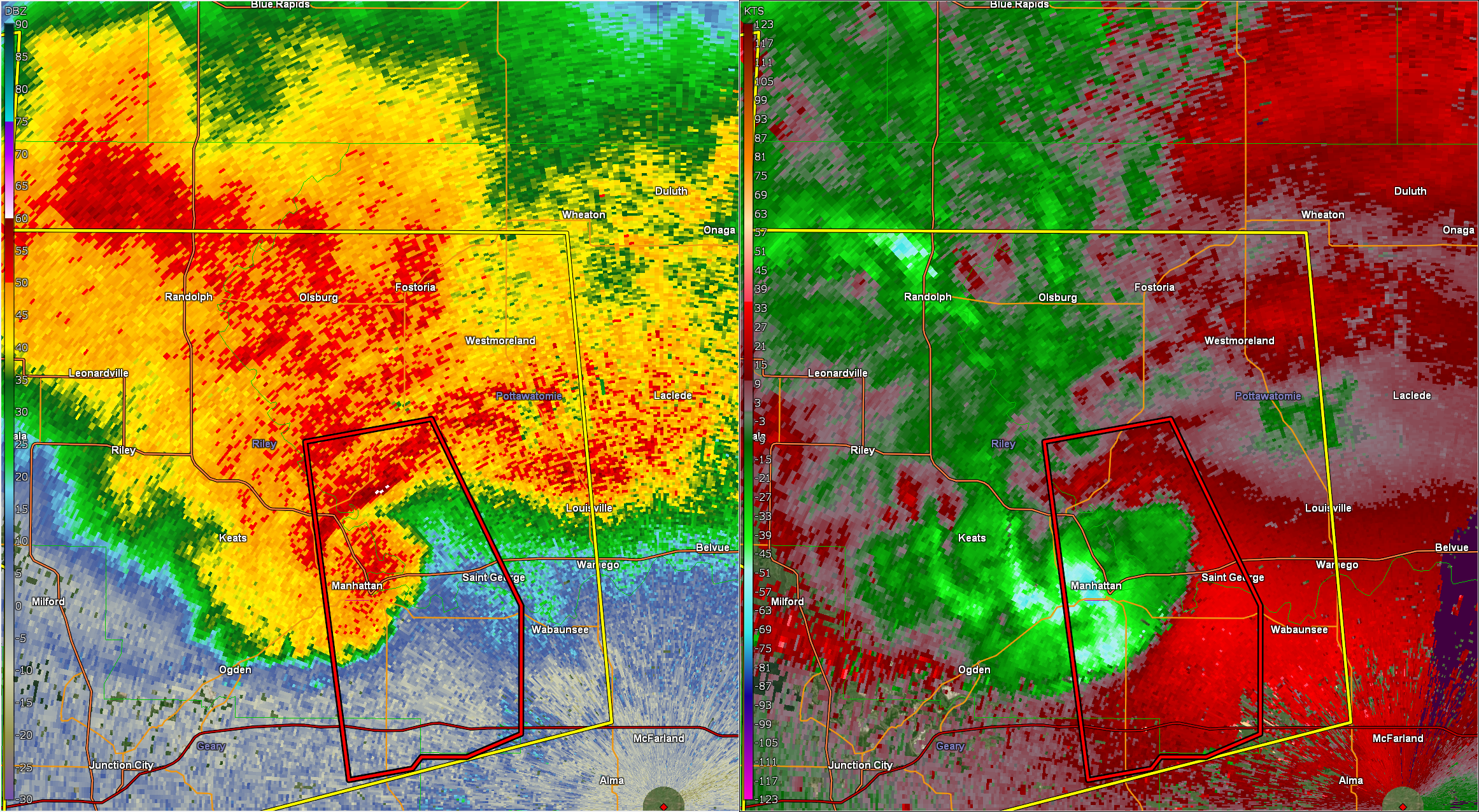 Radar at 7:21 around the time of the brief EF-2 tornado in Manhattan.