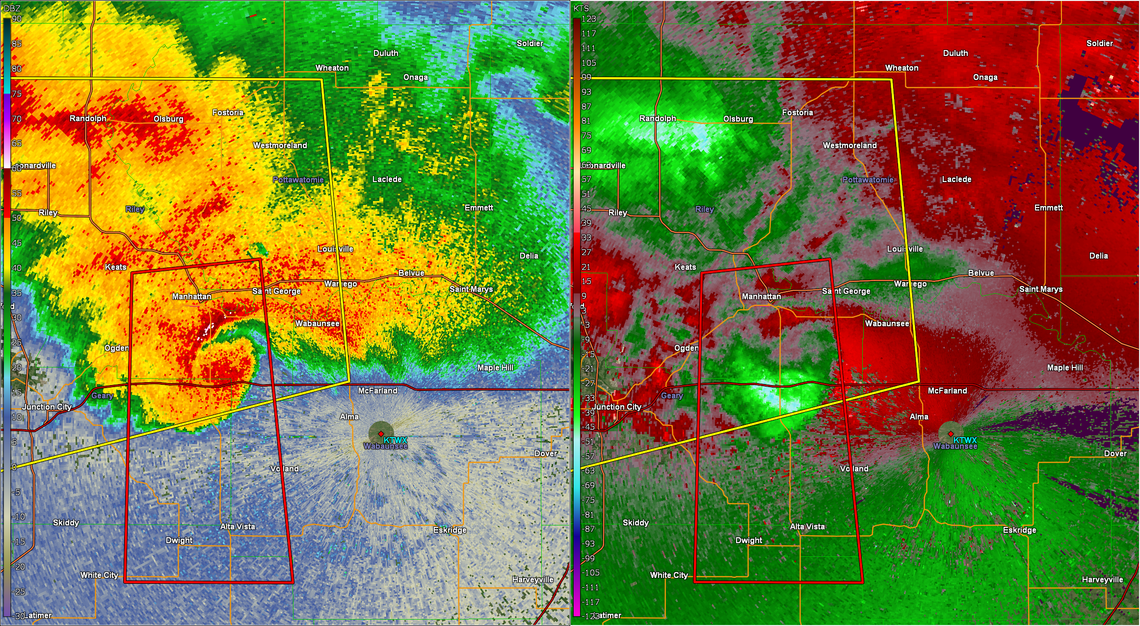 Radar at 7:34 near the time of the brief tornado in open country southeast of Manhattan.