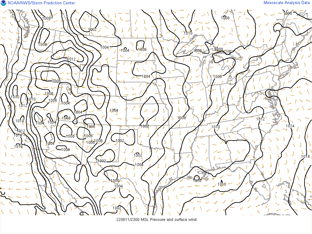 Surface Winds and Sea Level Pressure valid at 7 pm	