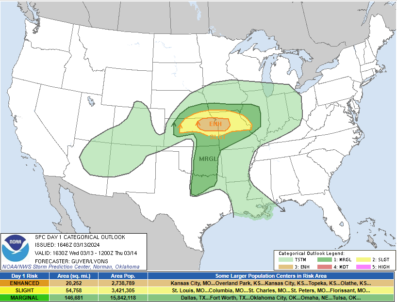 The Storm Prediction Center's Day 1 Severe Weather Outlook showing an enhanced risk of severe weather across northeast Kansas.
