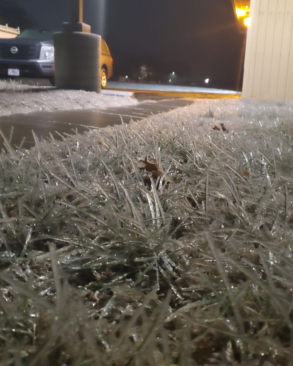 Freezing drizzle on the afternoon of January 4 coated grass and made paved surfaces a sheet of ice