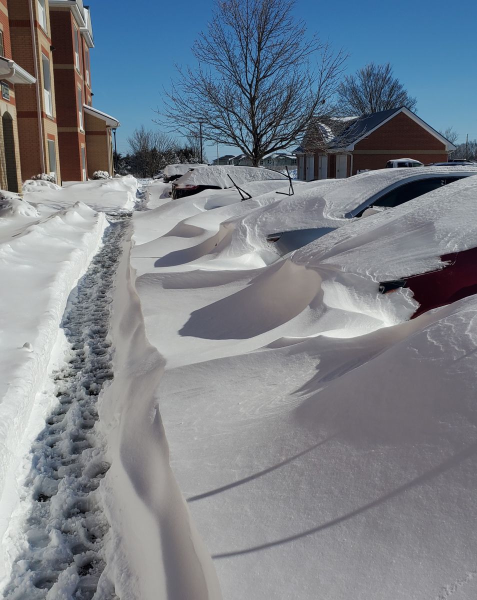Snow drifts several feet high on the evening of January 5.	