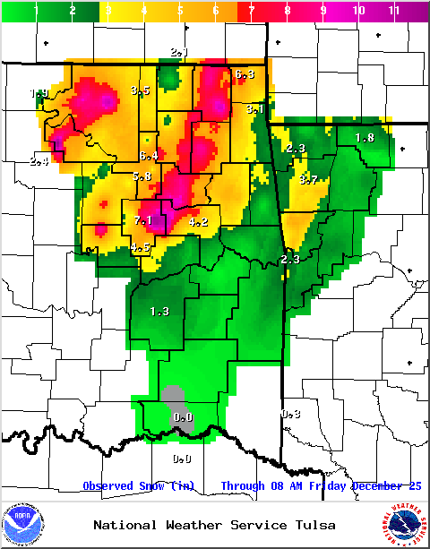 Storm Total Snowfall for eastern Oklahoma and northwest Arkansas for the Christmas Eve Winter Storm