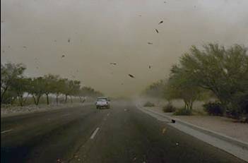 Picture of a dust storm from a car.