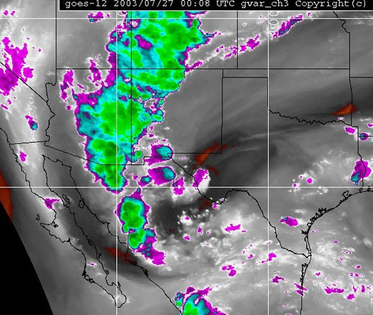 Water vapor satellite image of a subtropical upper low, moving west from Texas toward Arizona, 508 pm MST, July 26, 2003.
