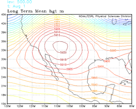 Mean 500mb height, August 1 (monsoon peak)