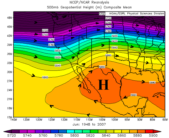 Mean 500mb height pattern, June. Subtropical high is strengthening over northern Mexico