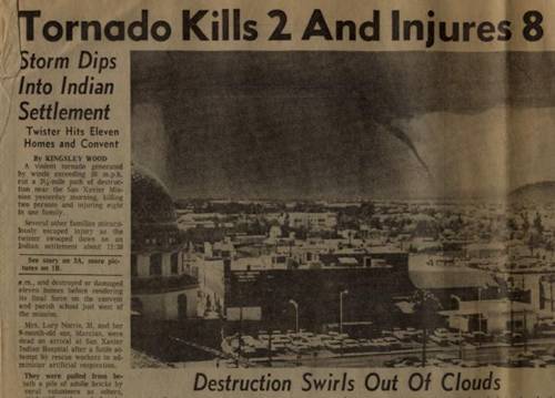 Picture copy of a news headline from the Arizona Daily Star which highlighted a tornado that hit southwest of Tucson.