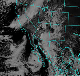 Visible satellite imagery from a decay phase severe thunderstorm and flash flood event, September 18, 2004. Moisture from the lingering monsoon, and from Tropical Storm Javier was drawn into Arizona by a strong cold front moving east across Nevada and California.
