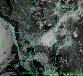 Visible satellite image from a late season severe thunderstorm and flash flood event, August 23, 2005. Note southwest flow aloft and weak trough near the lower Colorado River.