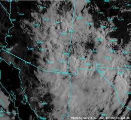 Visible satellite image from early morning thunderstorms, 0730am MST July 31, 2006, during the peak of the 2006 monsoon. Many of these thunderstorms produced 1-2 inches of rain per hour.