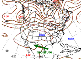 Figure 2: Strong upper level ridge located in the Great Plains is positioned for carrying moisture from the Gulf of Mexico into the Southwest.