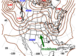 Figure 3: Upper level ridge centered in northwest Mexico blocks the moisture in the Gulf of Mexico from entering the Southwest.