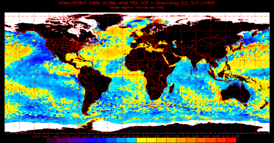 Figure 1: Sea surface temperature anomalies with cooler than normal temperatures (blue) off the western U.S. Cooler water in this location is typical of an early onset monsoon pattern.