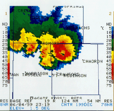 Radar reflectivity at 1.5 degree elevation at 5:19 pm MDT on June 4, 1999