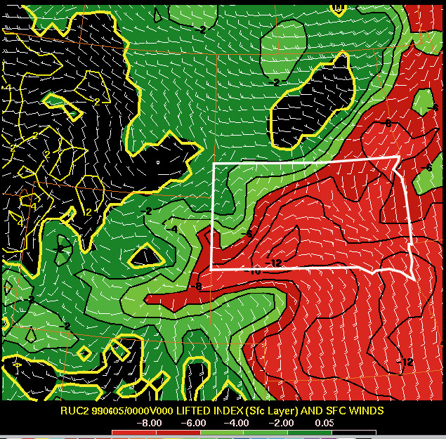 RUC lifted index and surface wind analysis valid at 00z on June 5, 1999