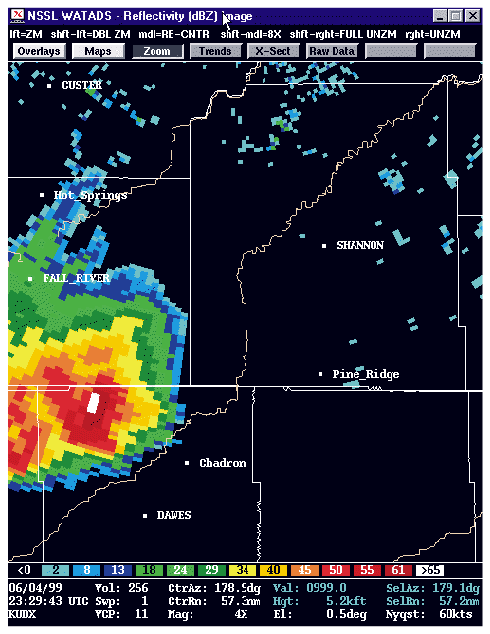 Radar reflectivity at 5:29 pm MDT on June 4, 1999