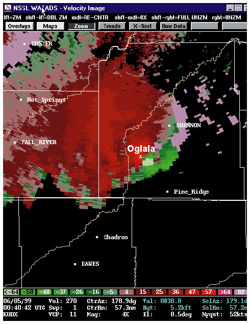 Radar velocity at 6:40 pm MDT on June 4, 1999