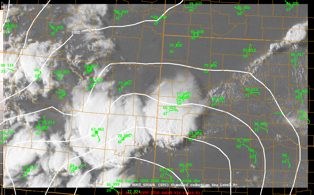 Visible satellite, surface observations, and MSLP at 5 pm MDT (23z) on June 4, 1999	