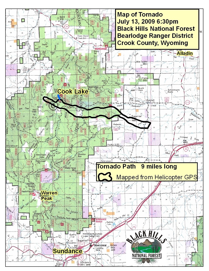 Map of tornado track; courtesy of US Forest Service