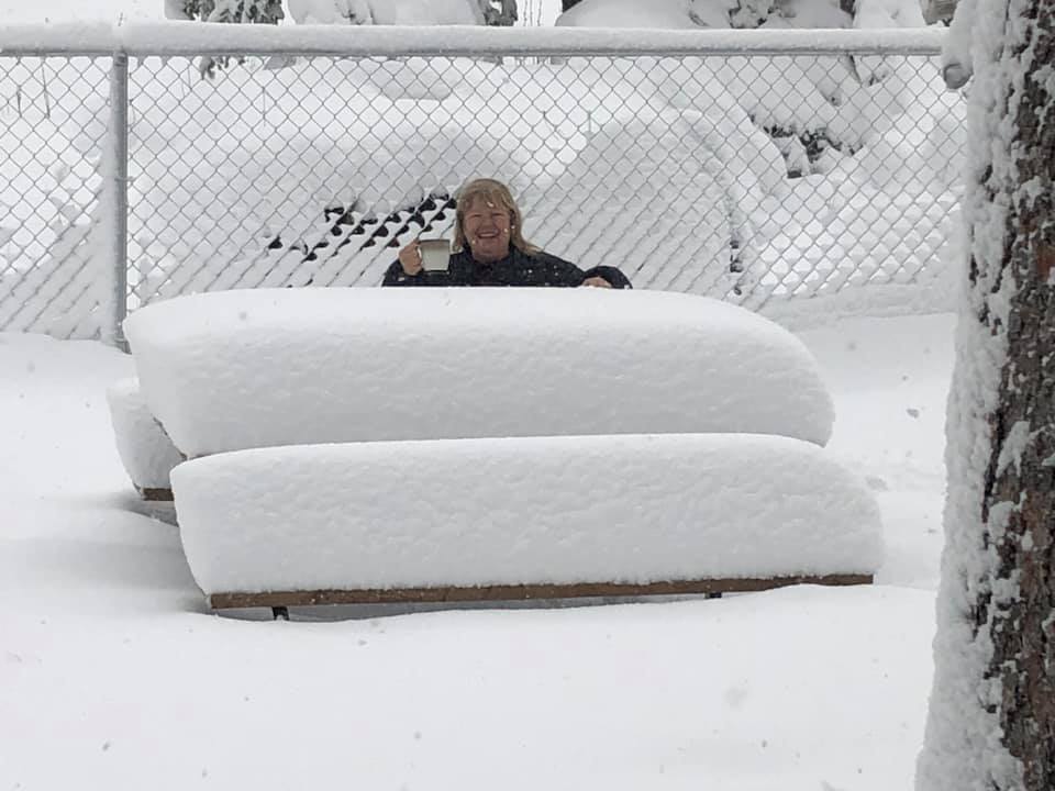 Enjoying the snow with a cup of coffee south of Deadwood!