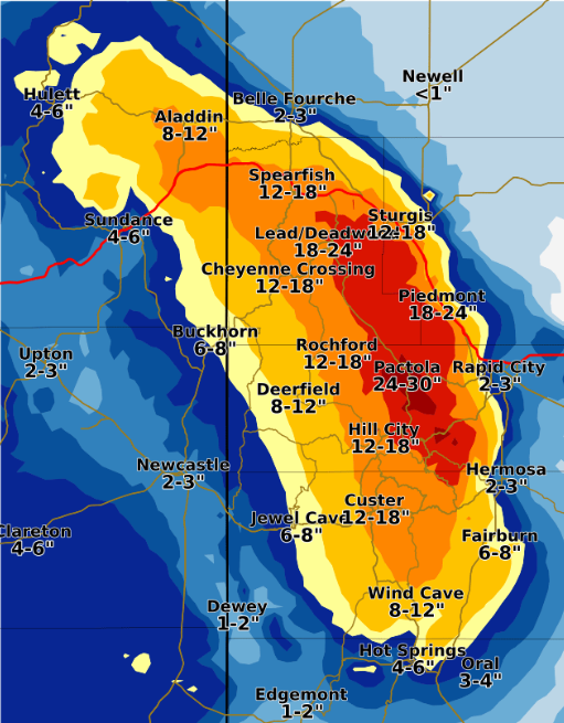 Detailed snowfall map of the Black Hills