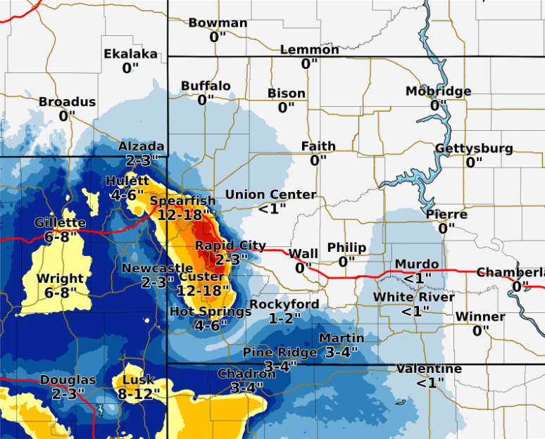Snowfall map of the Black Hills