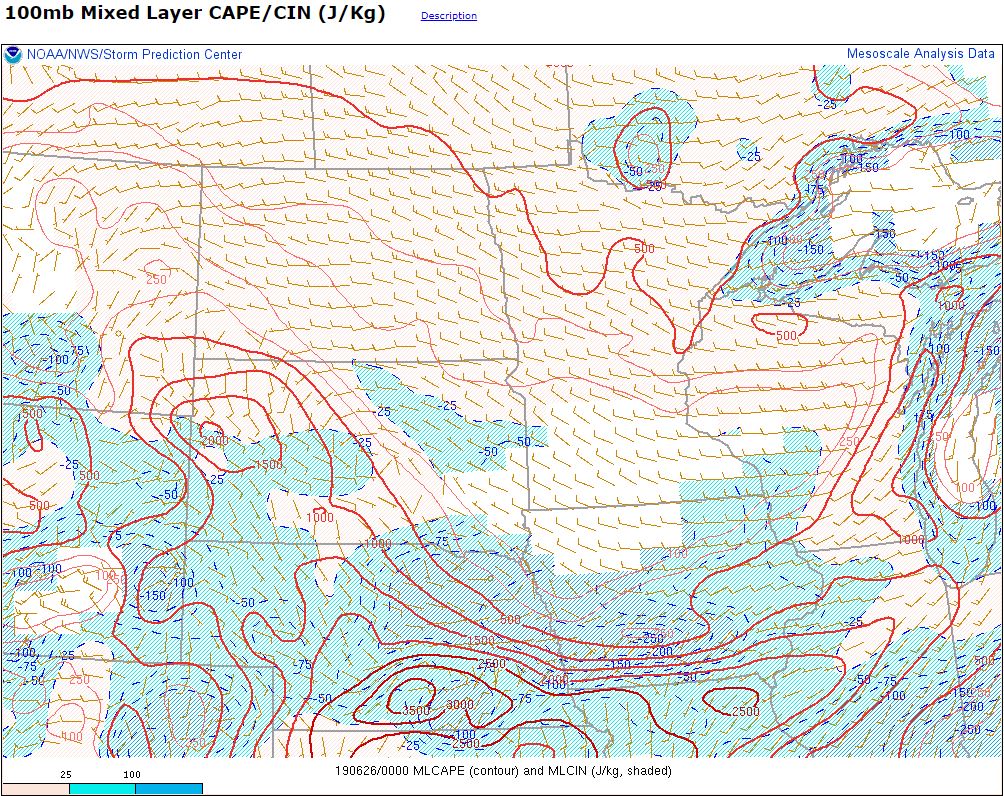 SPC MLCAPE mesoanalysis at 7 pm June 25, 2019