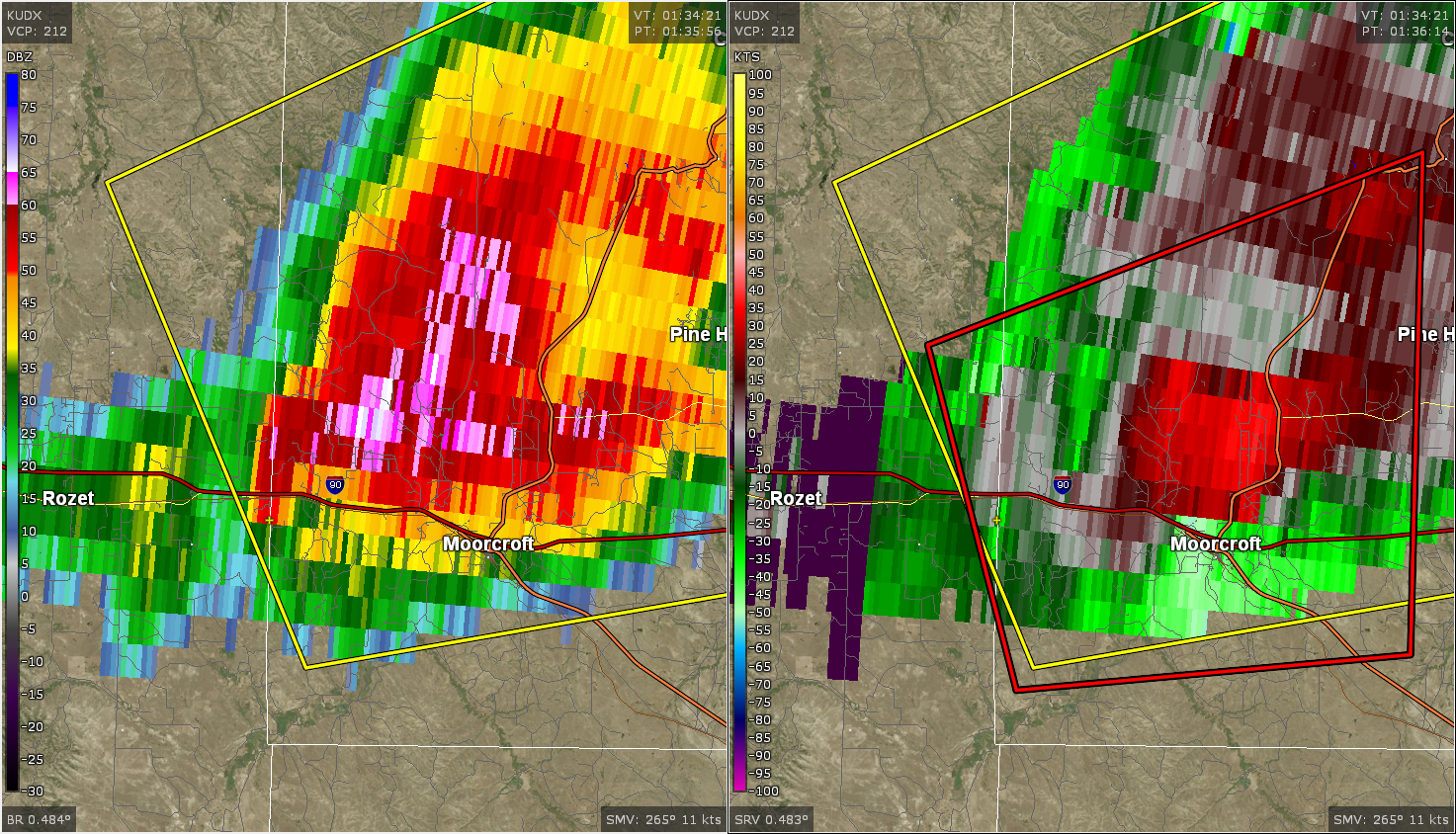Radar image at 7:36 pm MDT 16 July 2019