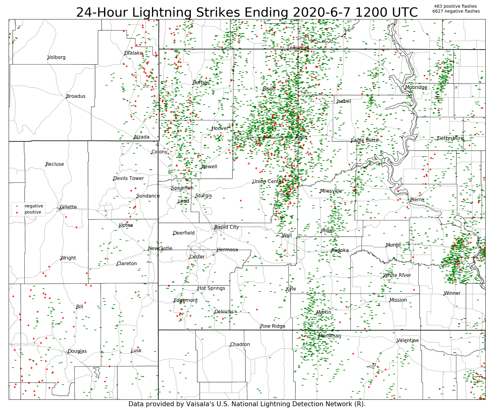 24 Hour Lightning Map 6am June 6 to 6am June 7, 2020
