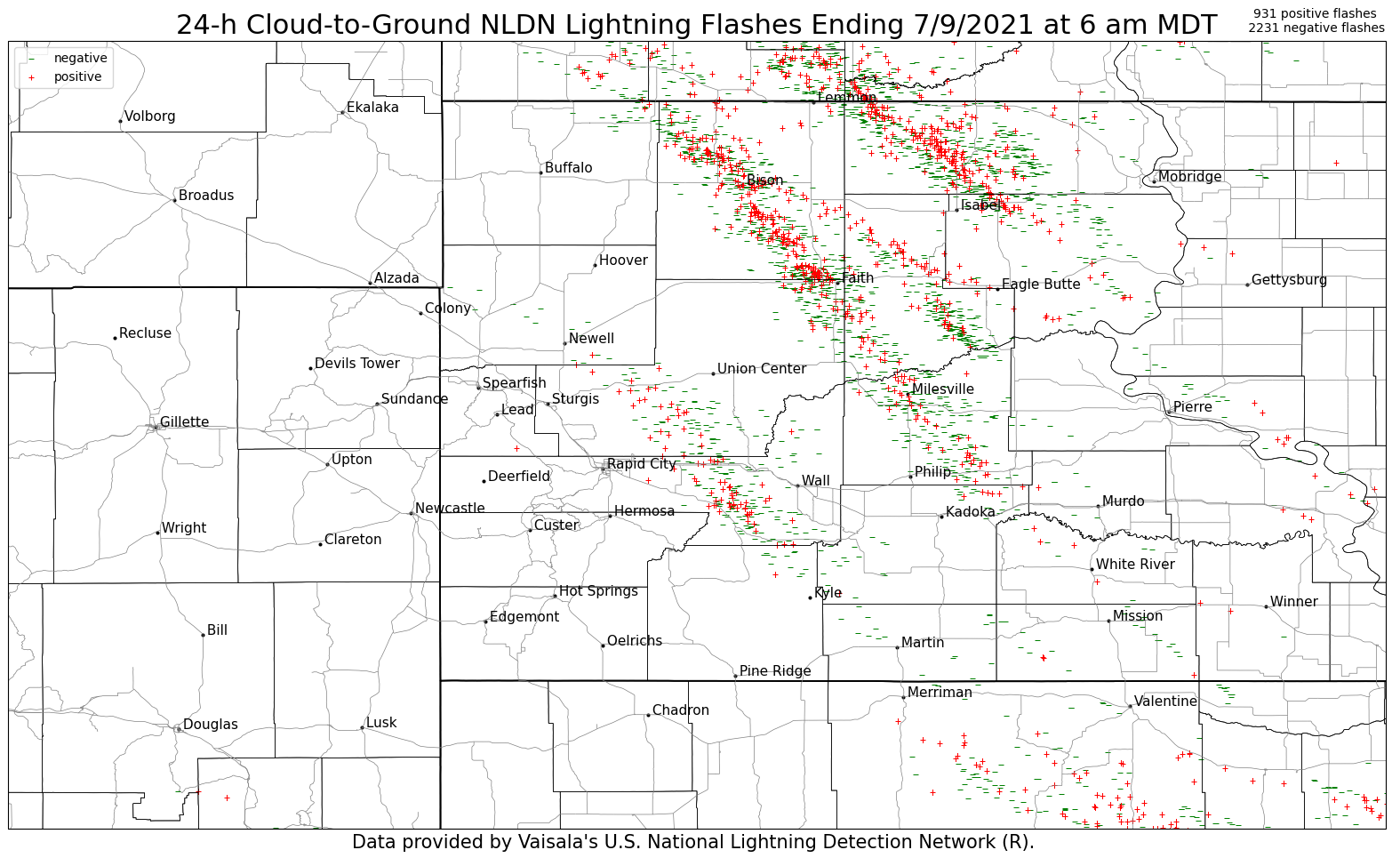 24-h Cloud-to-Ground NLDN Lightning Flashes Ending 7/9/2021 at 6 am MDT