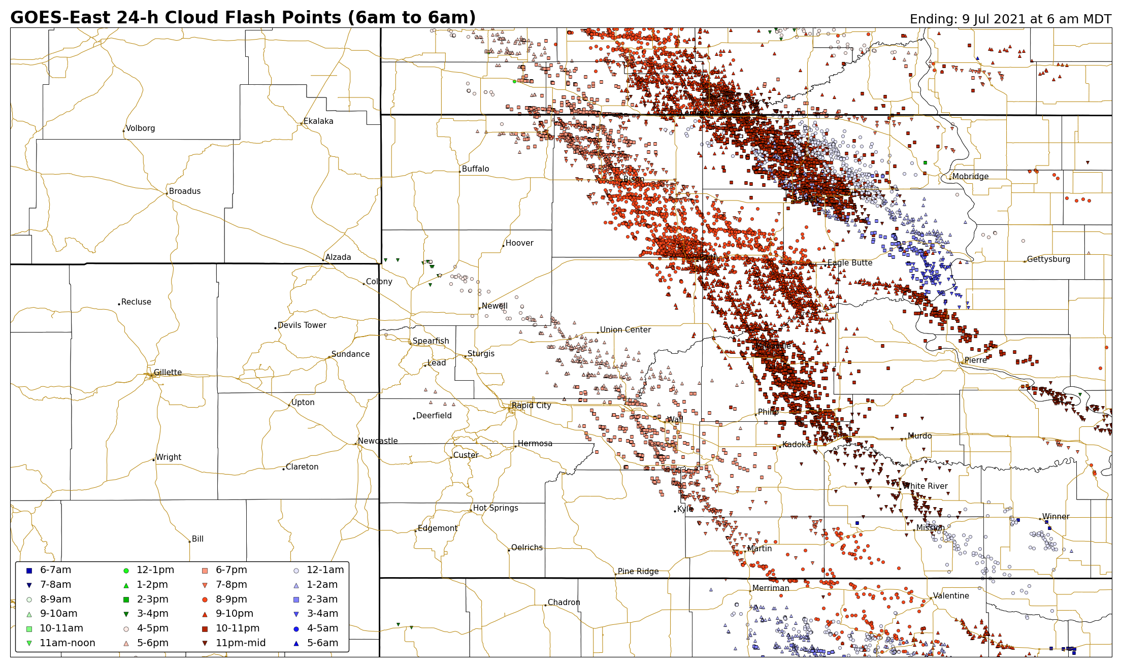 GOES-East 24-h Cloud Flash Points (6am July 8 to 6am July 9, 2021)