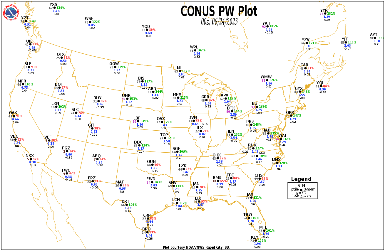 Precipitable water plot at 6 pm