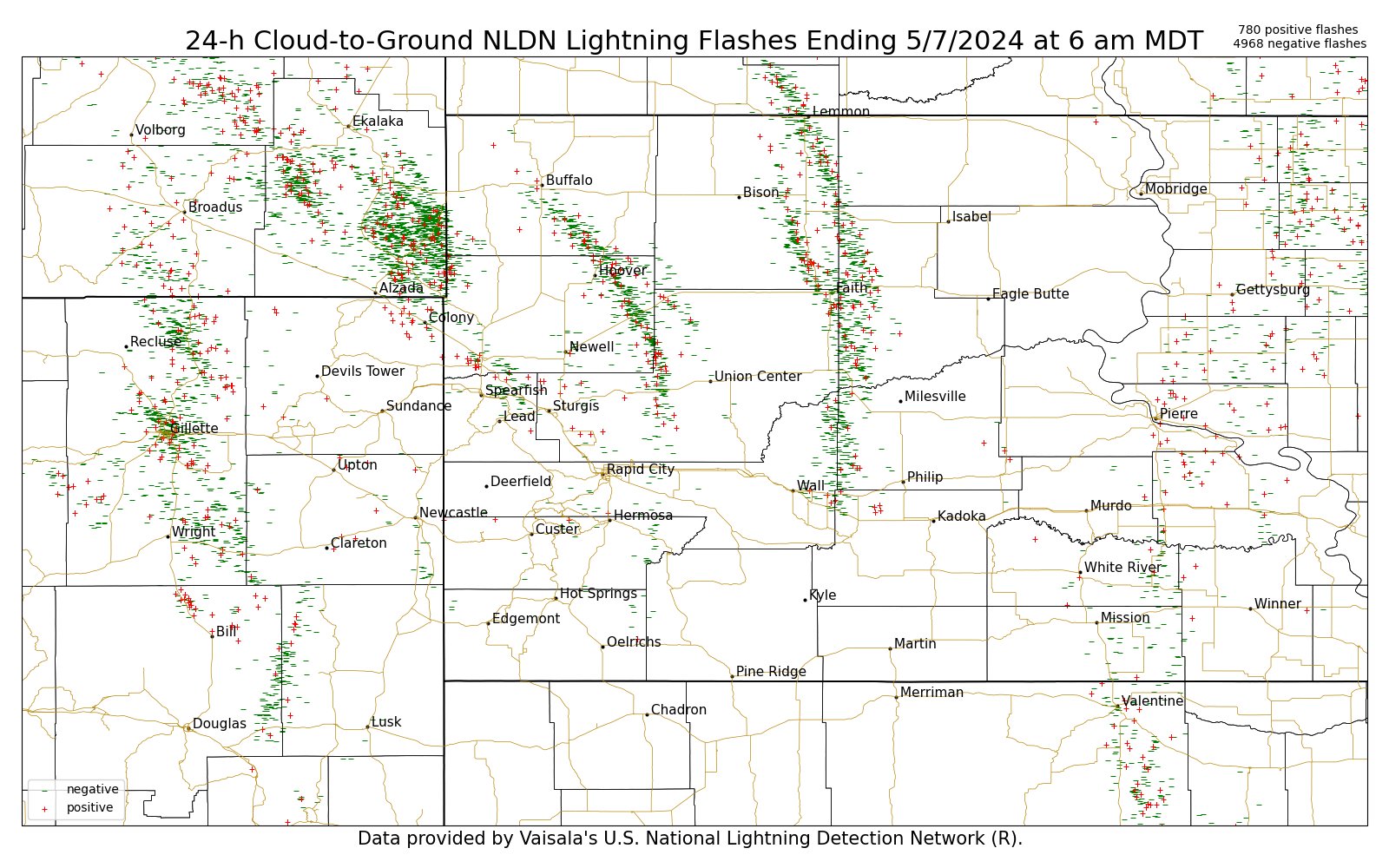 Map of cloud-to-ground lightning strikes