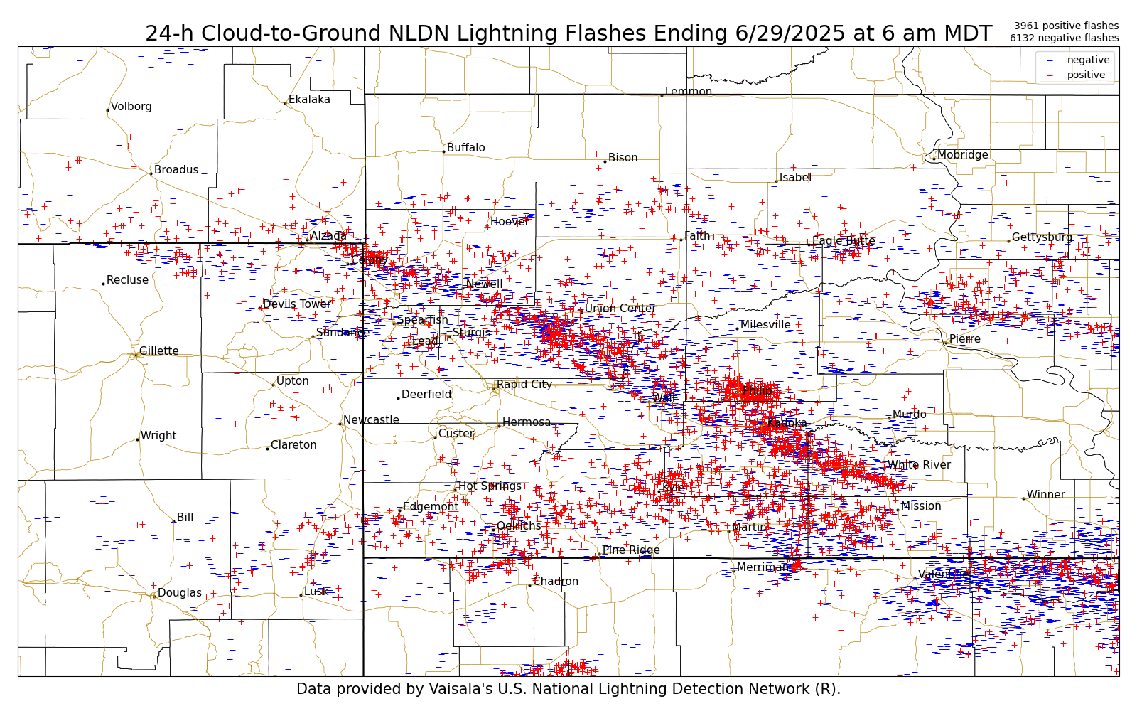 24-hour Cloud-to-Ground Lightning Flases Ending June 29, 2025 at 6am MDT