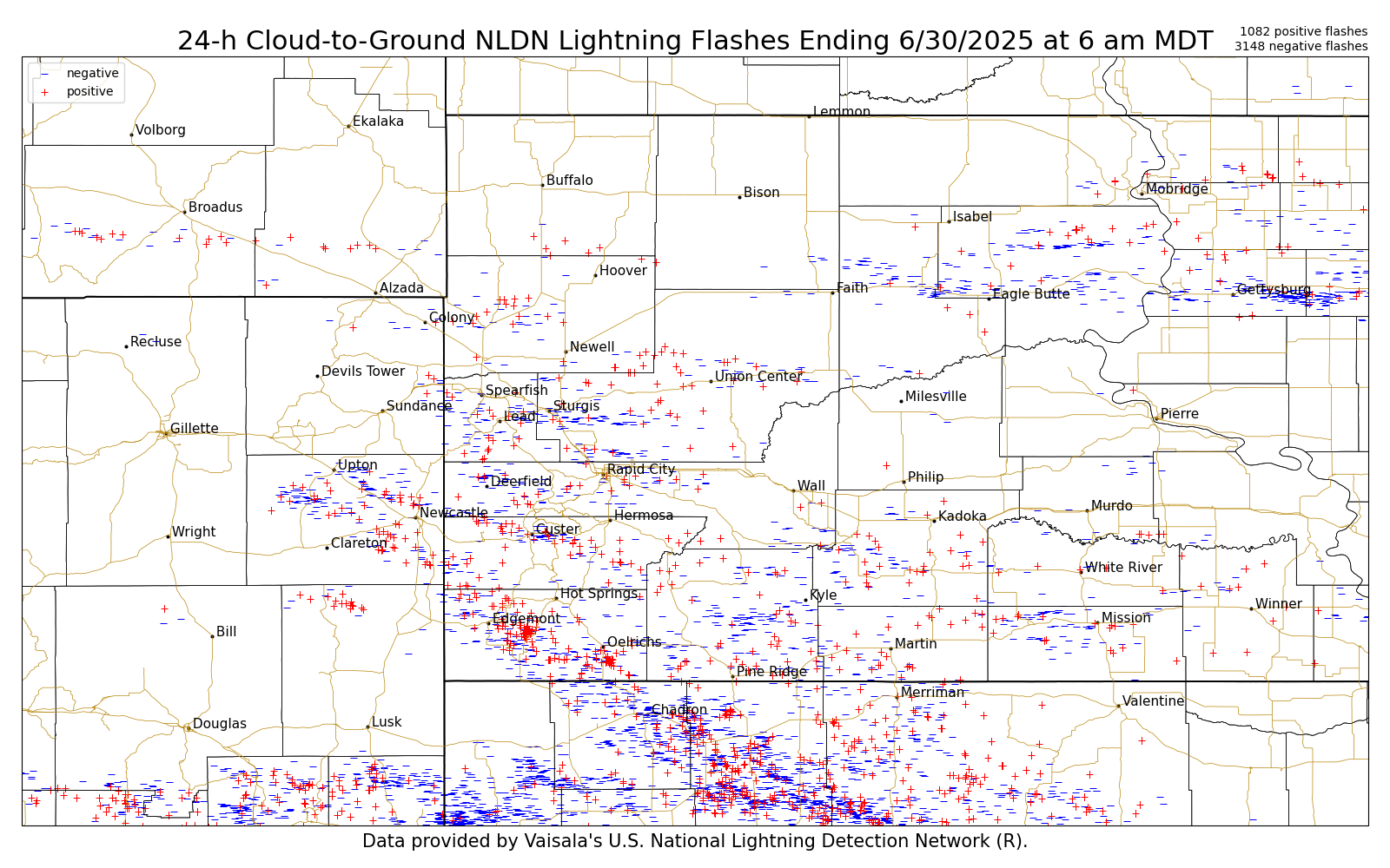 24-hour Cloud-to-Ground Lightning Flases Ending June 30, 2025 at 6am MDT