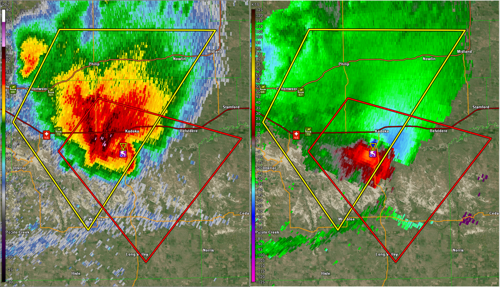 A split radar image shows a supercell thunderstorm near Kadoka, with a prominent hook echo visible in the reflectivity on the left, and corresponding strong rotation indicated by red and blue colors in the velocity data on the right.