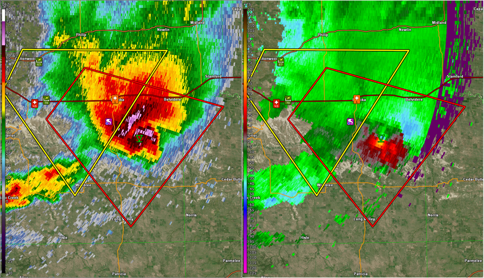 A split radar image shows a supercell thunderstorm near Kadoka, South Dakota, with a hook echo in reflectivity and strong rotation in velocity data.