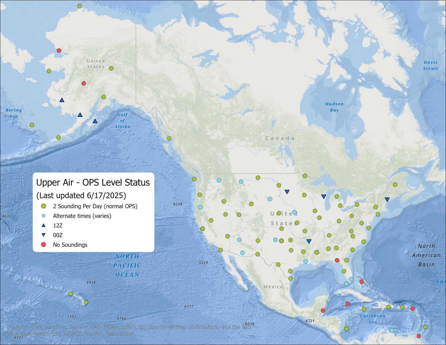 Map of North America showing current status of station