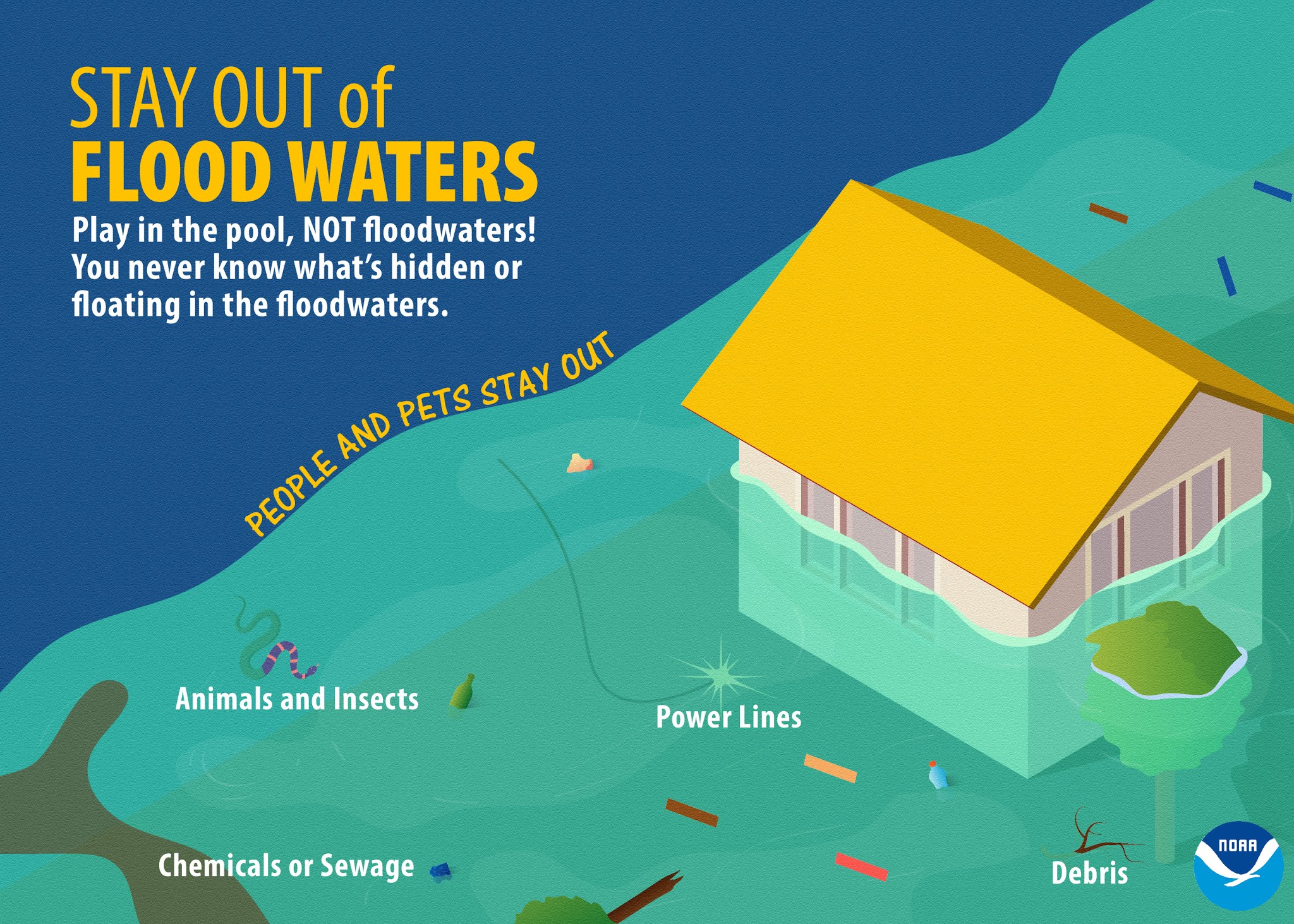 Flood happened. Инфографика наводнение на немецком языке. Мультяшные картинки Drive through floodwaters.