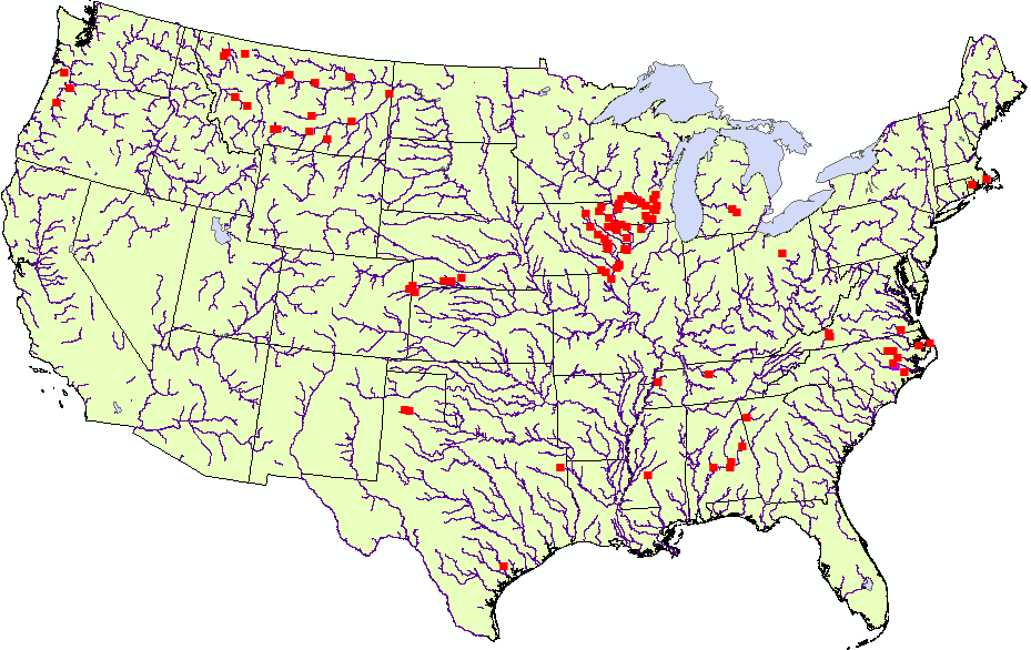 U.S. Map showing locations of High Water Signs--see table below for equivalent
