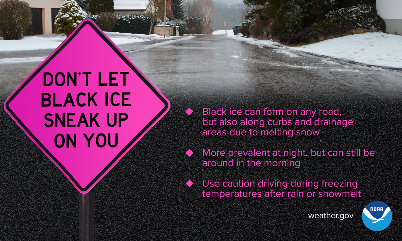 Don't Let Black Ice Sneak up On You. It can form on any road, but also along curbs and drainage areas due to melting snow. More prevalent at night, but can still be around in the morning. Don't drive during freezing temperatures after rain or snowmelt.