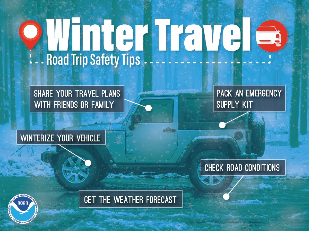 Winter Travel - Road Trip Safety Tips: 1) Share your travel plans with friends or family. 2) Winterize your vehicle. 3) Pack an emergency supply kit. 4) Check road conditions. 5) Get the weather forecast.