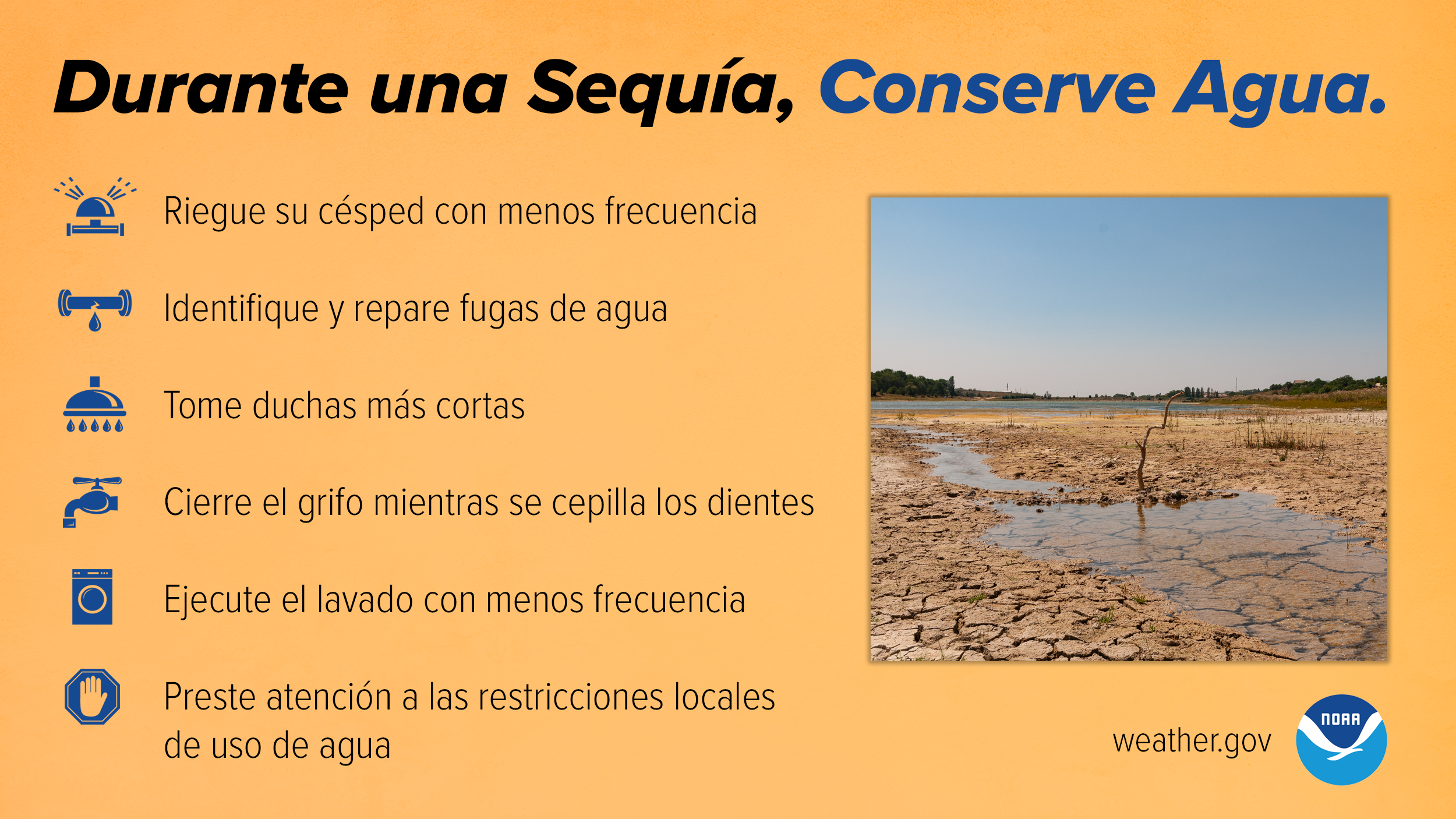 Durante una SequÃa, Conserve Agua.
Riegue su césped con menos frecuencia
Identifique y repare fugas de agua
Tome duchas más cortas
Cierre el grifo mientras se cepilla los dientes
Ejecute el lavado con menos frecuencia
Preste atención a las restricciones locales de uso de agua