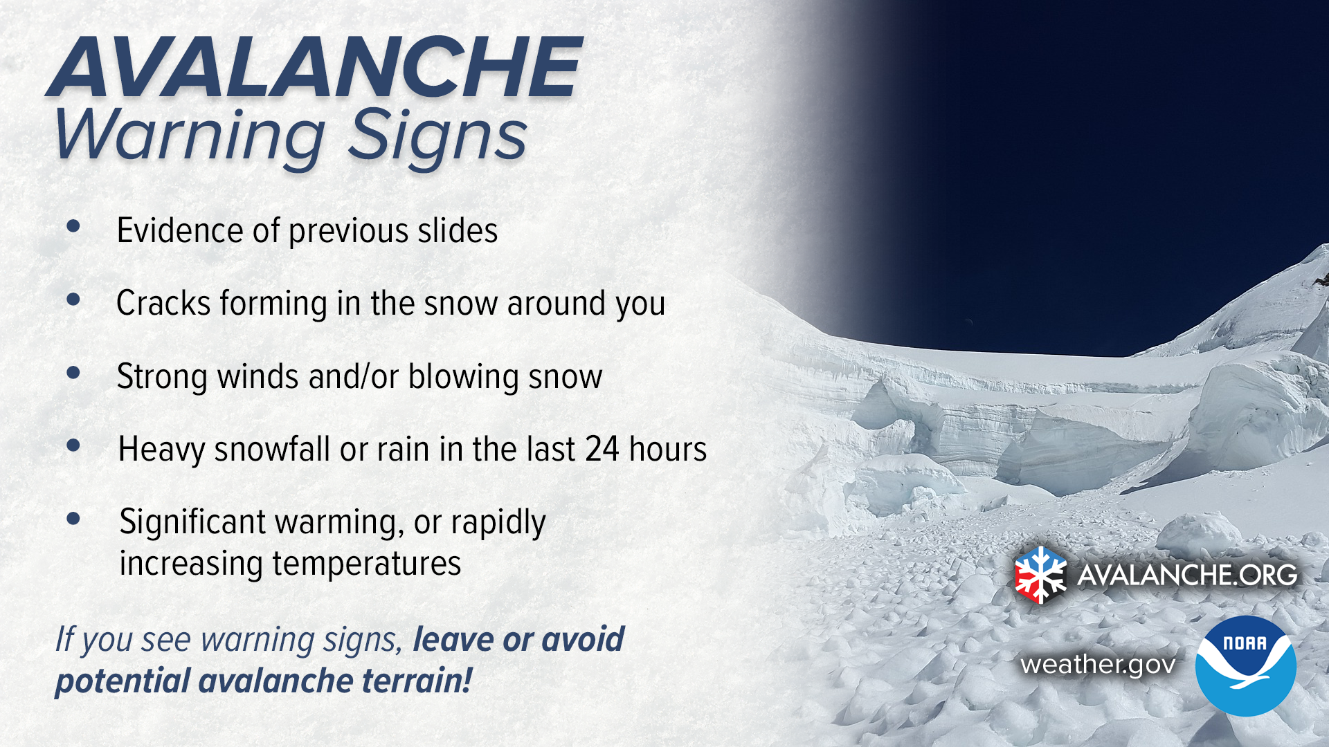 Avalanche Warning Signs: 1) Evidence of previous slides. 2) Cracks forming in the snow around you. 3) Strong winds and/or blowing snow. 4) Heavy snowfall or rain in the last 24 hours. 5) Significant warming, or rapidly increasing temperatures. If you see warning signs, leave or avoid potential avalanche terrain!