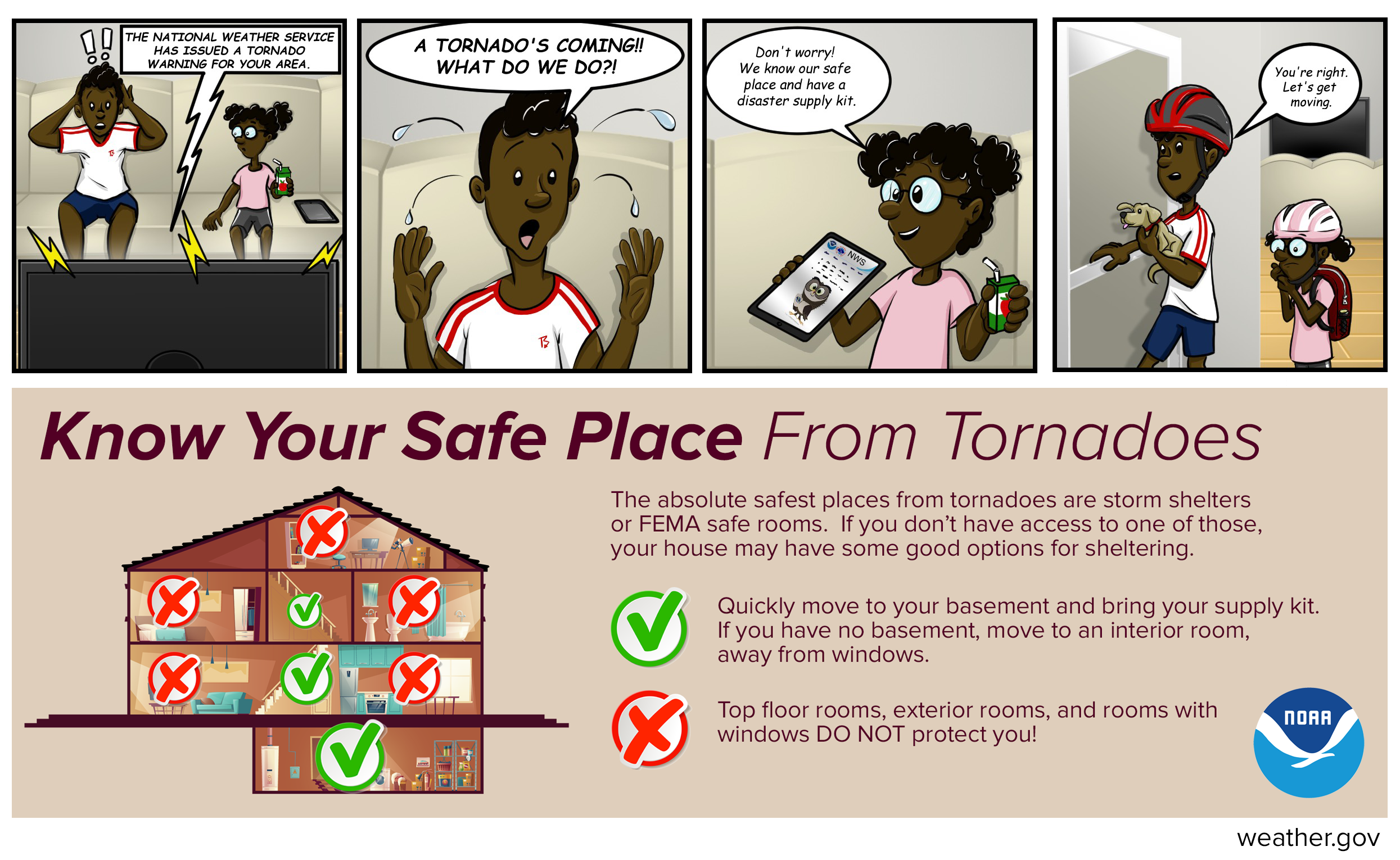 Know your safe place from tornadoes. The absolute safest places from tornadoes are storm shelters or FEMA safe rooms. If you don't have access to one of those, your house may have some good options for sheltering. Quickly move to your basement and bring your supply kit. If you have no basement, move to an interior room, away from windows. Top floor rooms, exterior rooms, and rooms with windows do not protect you.