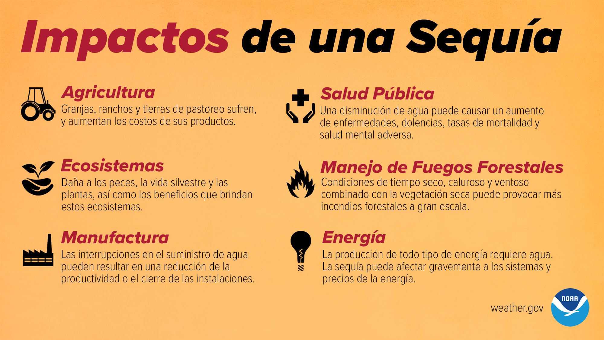 Impactos de una SequÃa
Agricultura:
Granjas, ranchos y tierras de pastoreo sufren, y aumentan los costos de sus productos.
Ecosistemas:
Daña a los peces, la vida silvestre y las plantas, asà como los beneficios que brindan estos ecosistemas.
Manufactura:
Las interrupciones en el suministro de agua pueden resultar en una reducción de la productividad o el cierre de las instalaciones.
Salud Pública:
Una disminución de agua puede causar un aumento de enfermedades, dolencias, tasas de mortalidad y salud mental adversa.
Manejo de Fuegos Forestales:
Condiciones de tiempo seco, caluroso y ventoso combinado con la vegetación seca puede provocar más incendios forestales a gran escala.
EnergÃa:
La producción de todo tipo de energÃa requiere agua. La sequÃa puede afectar gravemente a los sistemas y precios de la energÃa.