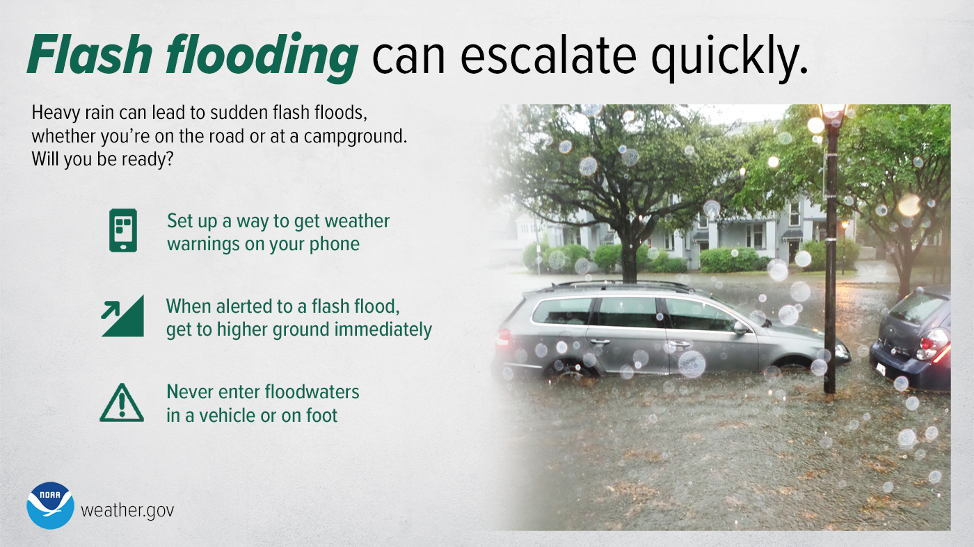 Flash flooding can escalate quickly. Heavy rain can lead to sudden flash floods, whether you're on the road or at a campground. Will you be ready? Set up a way to get weather warnings on your phone. When alerted to a flash flood, get to higher ground immediately. Never enter flood waters in a vehicle or on foot.