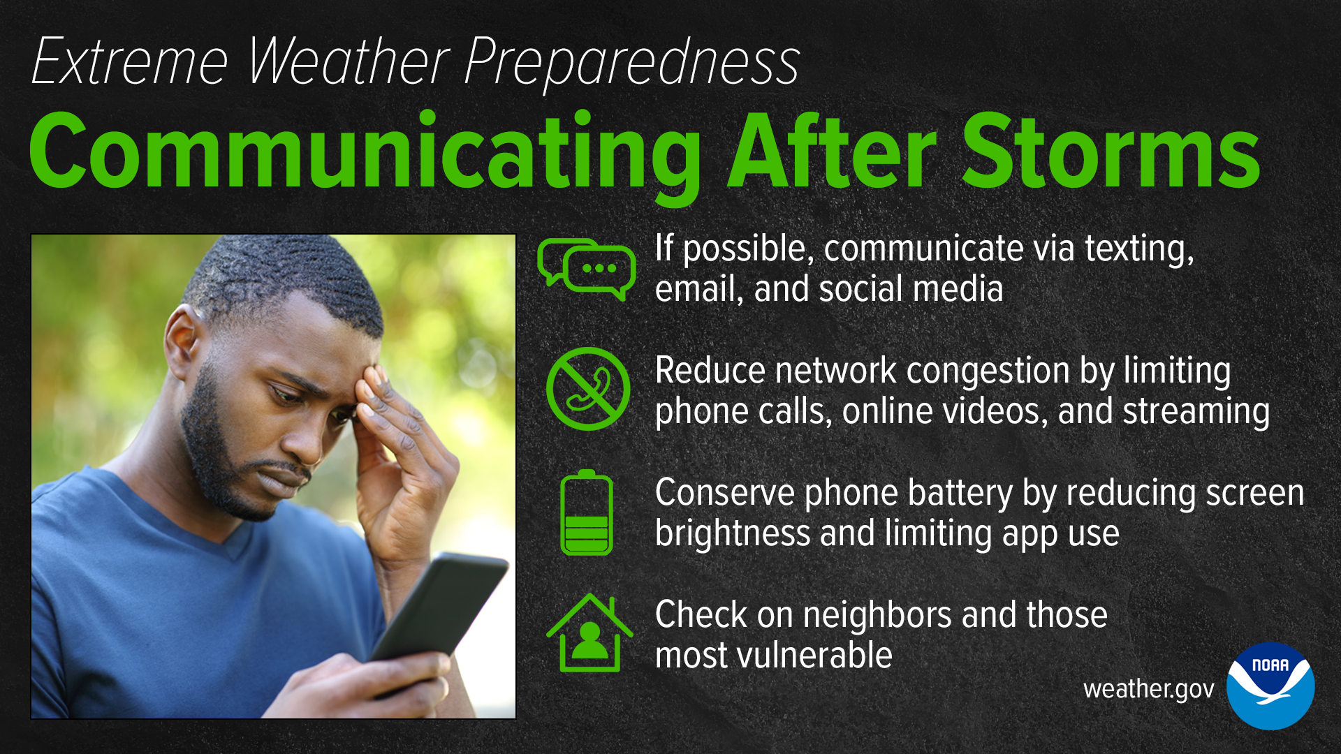 Extreme Weather Preparedness: Communicating After Storms. If possible, communicate via texting, email, and social media. Reduce network congestion by limiting phone calls, online videos, and streaming. Conserve phone battery by reducing screen brightness and limiting app use. Check on neighbors and those most vulnerable.